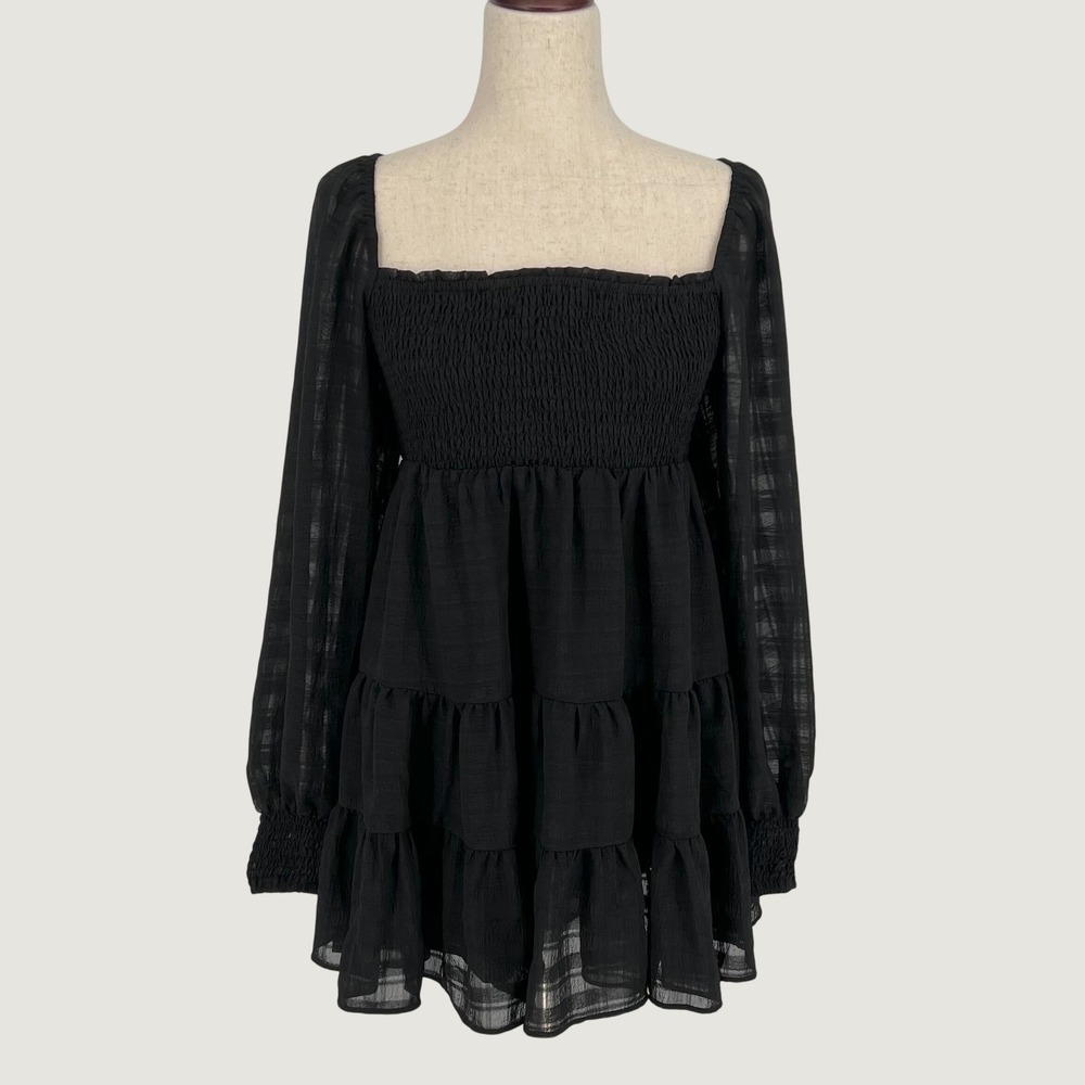 Urban Outfitters Smocked Tiered Babydoll Mini Dress Size L Black Coquette Goth